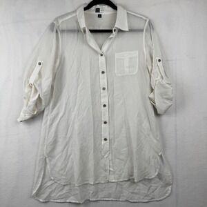 Saks Fifth Avenue Threads White Tunic Top Shirt‎ Roll Tab Sleeves Womens